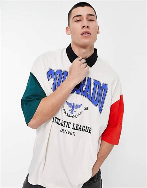 Asos Design Oversized Polo T Shirt With Colorado Print And Contrast