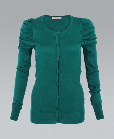 Krisp Fine Knit Puff Sleeve Teal Cardigan Knitwear From Krisp Clothing Uk