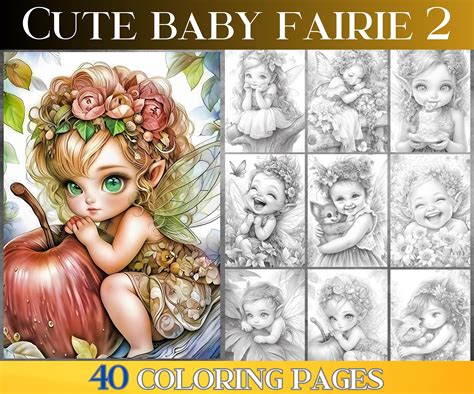 Grayscale Fairy Coloring Pages Of Cute Baby Fairie Etsy Uk