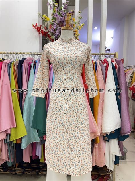 Áo dài cách tân be nude hoa nhí ACT140 Cho Thuê Áo Dài TPHCM