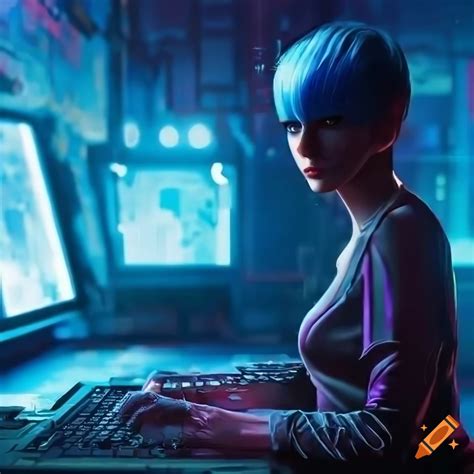 Female Hacker With Short Blue Hair In A Cyberpunk Basement Surrounded