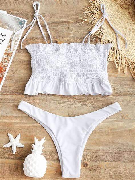 Off Self Tie Smocked High Cut Bikini Set In White Zaful