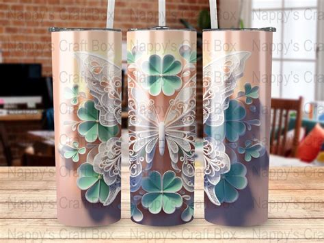 3d White Butterfly Clovers 20oz Skinny Tumbler Sublimation Design Png