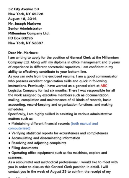 Clerical Cover Letter Examples 18 Free Templates