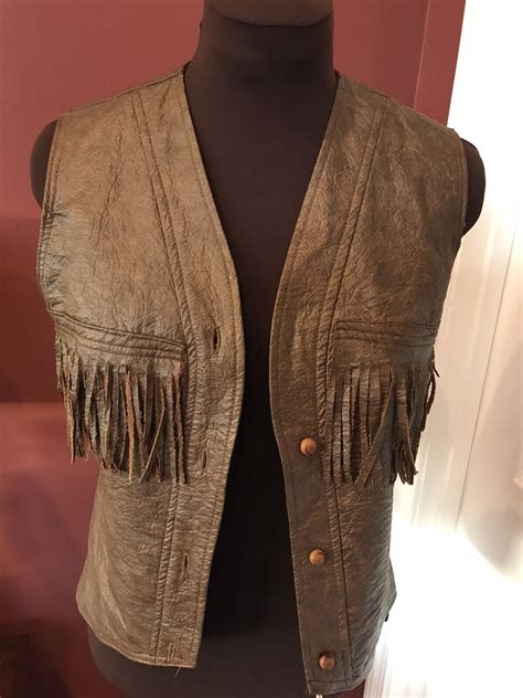 Vintage Beehive Brown Fringe Vinyl Vest Womens Size Gem