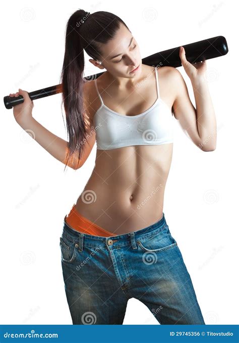 Beautiful Brunette Woman With Baseball Bat Stock Photo Image Of