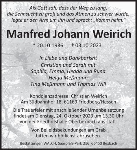 Traueranzeigen Von Manfred Johann Weirich Saarbruecker Zeitung Trauer De