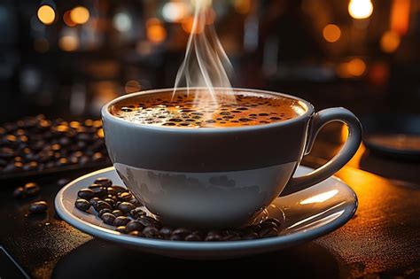 Premium AI Image Steaming Hot Coffee Mug On Wooden Table AI Generated