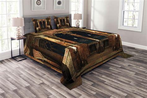 Gothic Bedspread Set Dark Mystic Ancient Hall With Pillars And Dome