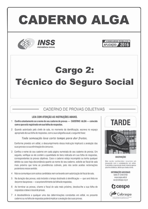 Cespe Inss Tecnico Do Seguro Social Prova Cada Um Dos Itens Das