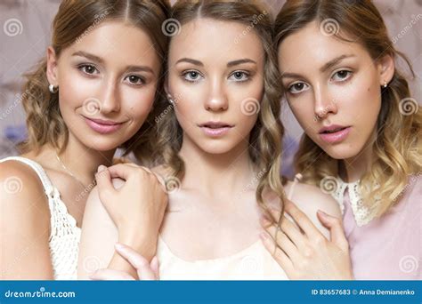 Three Beautiful Brunette Bride Women With Curly Hairstyle And Ne Stock