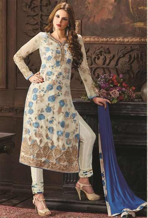 Semi Stitched Cream Georgette Straight Cut Suit Nikvik Usa