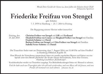 Traueranzeigen Von Friederike Freifrau Von Stengel Sz Gedenken De