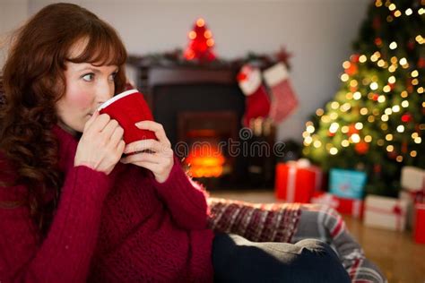 Pretty Redhead Drinking Hot Drink At Christmas Stock Image Image Of Household Armchair