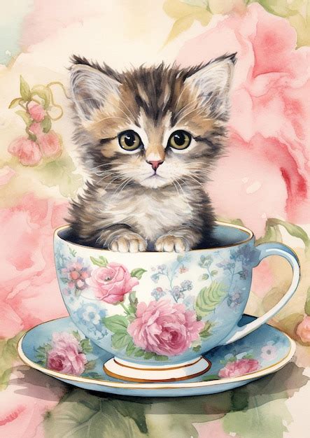 Premium Photo There Is A Painting Of A Kitten Sitting In A Teacup