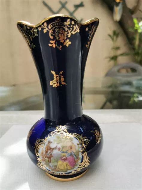 VASE BLEU EN Porcelaine Limoges Imperial OR GOLD 22K Fleurs PEINTURE