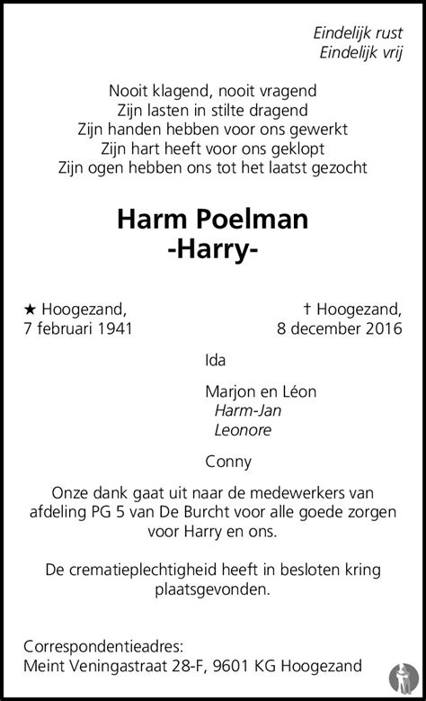 Harm Harry Poelman Overlijdensbericht En Condoleances