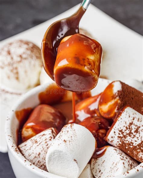 Hot Chocolate With Marshmallows And Ice Cream Balls On A Black Background Stock Image Image Of