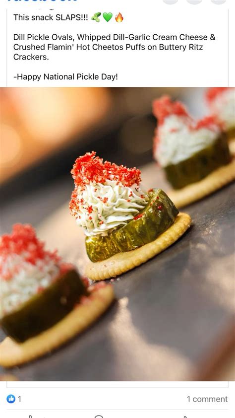 Dill Pickle Ovals Whipped Dill Garlic Cream Cheese Crushed Hot Cheetos On Ritz Cracker