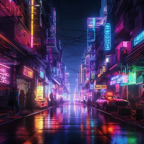 Premium Photo Neon Lights Shine Brightly On A City Street At Night