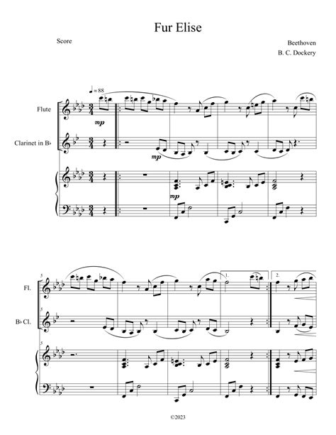 Fur Elise Flute And Clarinet Duet With Piano Accompaniment Arr B C