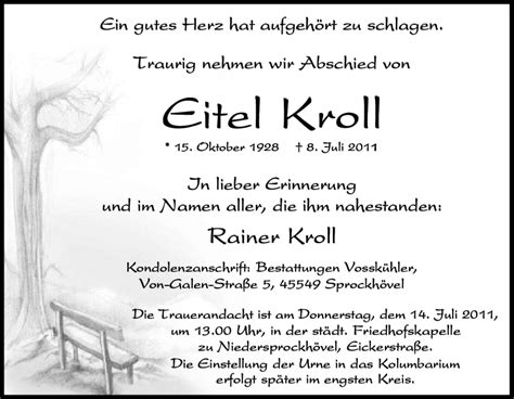 Traueranzeigen Von Eitel Kroll Trauer In Nrw De