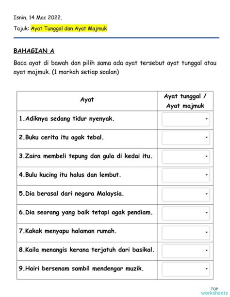 Ayat Tunggal Amp Ayat Majmuk Interactive Worksheet Riset