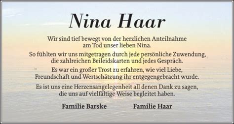 Traueranzeigen Von Nina Haar Sh Z Trauer