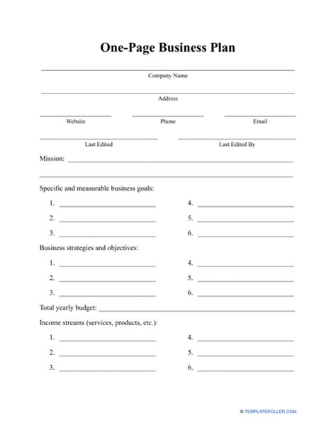 One-Page Business Plan Template - Fill Out, Sign Online and Download PDF | Templateroller