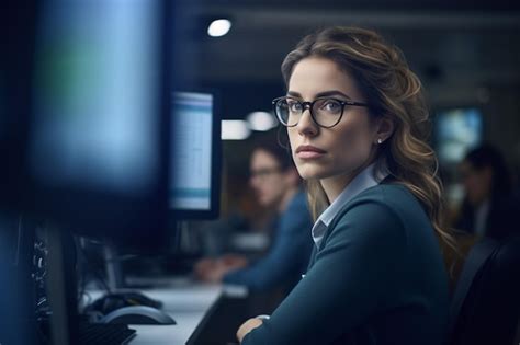 Premium Photo A Woman In Glasses Sits In Front Of A Computer Screen With A Man In A Suit