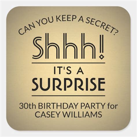 Shhh Its A Surprise Birthday Party Black And Gold Square Sticker