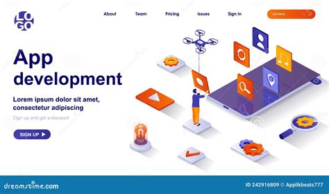 App Development Isometric Landing Page Developer Work On Smartphone