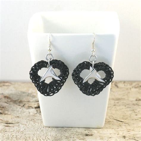 Black Pop Tab Heart Earrings Pair Crochet Heart By Tabsolute