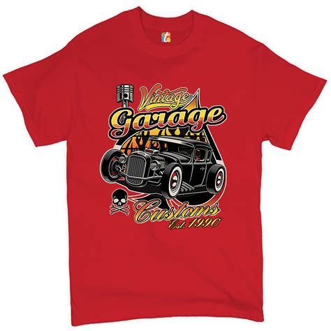 Tee Hunt Vintage Garage Customs Est T Shirt Old School Retro Hot Rod Men S Tee Red Small