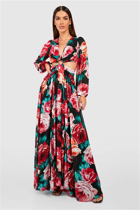 Floral Print Ring Detail Cut Out Maxi Dress Boohoo Uk