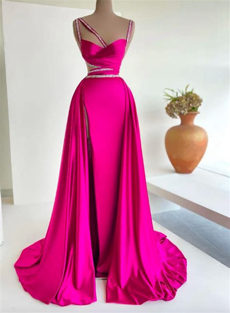 Deep Pink Mermaid Evening Dresses Beadings Straps Shiny Satin Dubai