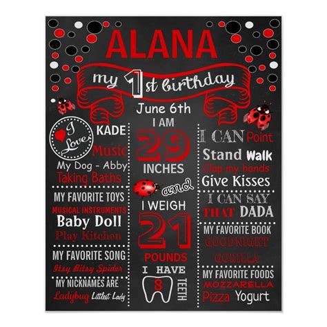 LadyBug First Birthday Chalkboard Sign Poster Size Small Gender