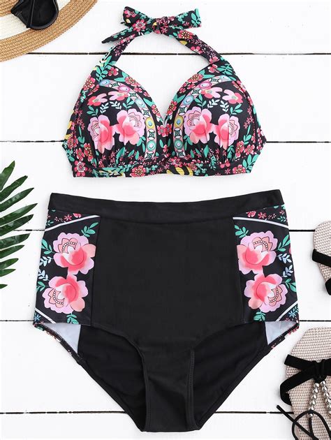 Black M Halterneck Floral High Waisted Bikini Set RoseGal