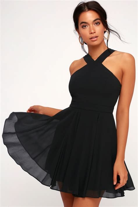 Lovely Black Dress Halter Dress Skater Dress Lulus