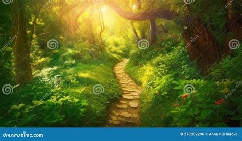 Enchanted Forest Path In Warm Summer Sunlight Filtering Through Lush