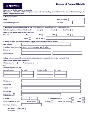 Fillable Online Change Of Personal Details Natwest International Fax