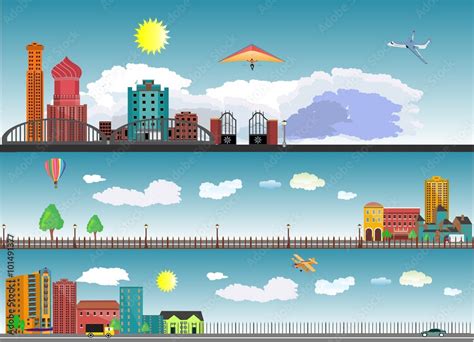 Horizontal Panaromic Illustration Of Different Types Of Cities And