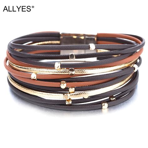 Allyes Pulsera De Cuero Genuino Con Cuentas De Metal Para Mujer