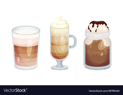Glass Mugs Of Coffee Drinks Set Aroma Hot Vector Image