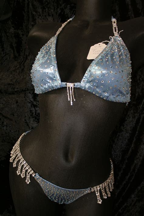 Style Light Blue Metallic Competition Bikini With Rhinestone