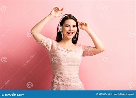 Cheerful Girl In Wireless Headphones Dancing Stock Image Image Of