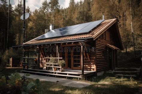 Solar Panels On The Roof Of A Beautiful Wooden Cabin In The Woods Stock