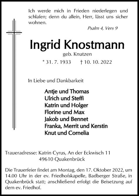 Traueranzeigen Von Ingrid Knostmann Noz Trauerportal