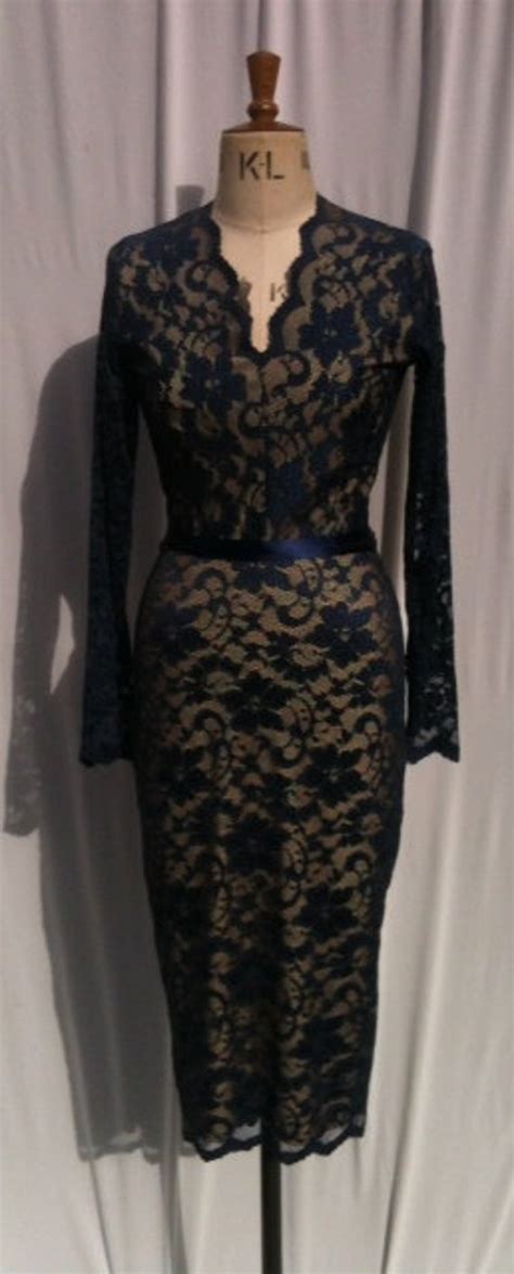 Baylis Knight Navy Blue Nude Lace Long Sleeve Low Cut Wiggle Etsy