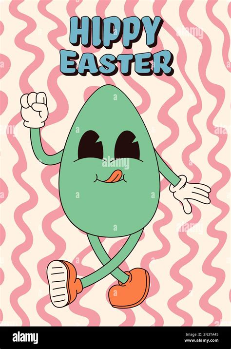 Groovy Hippie Happy Easter Posters Easter Eggs Vector Card In Trendy Retro 60s 70s Cartoon